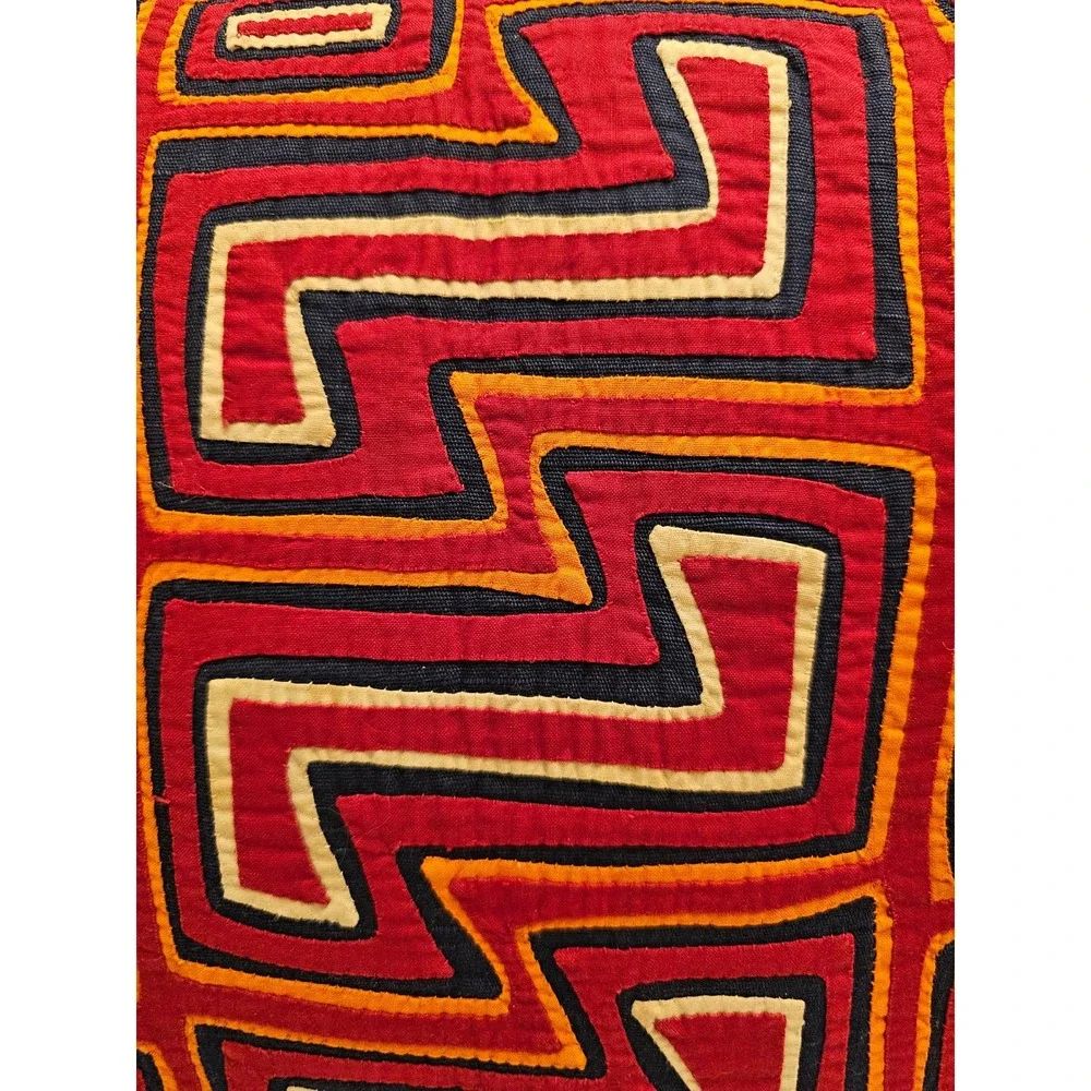 Handmade Kuna Indian Mola Pillow Red Geometric‎ Folk Art Panama 16x13